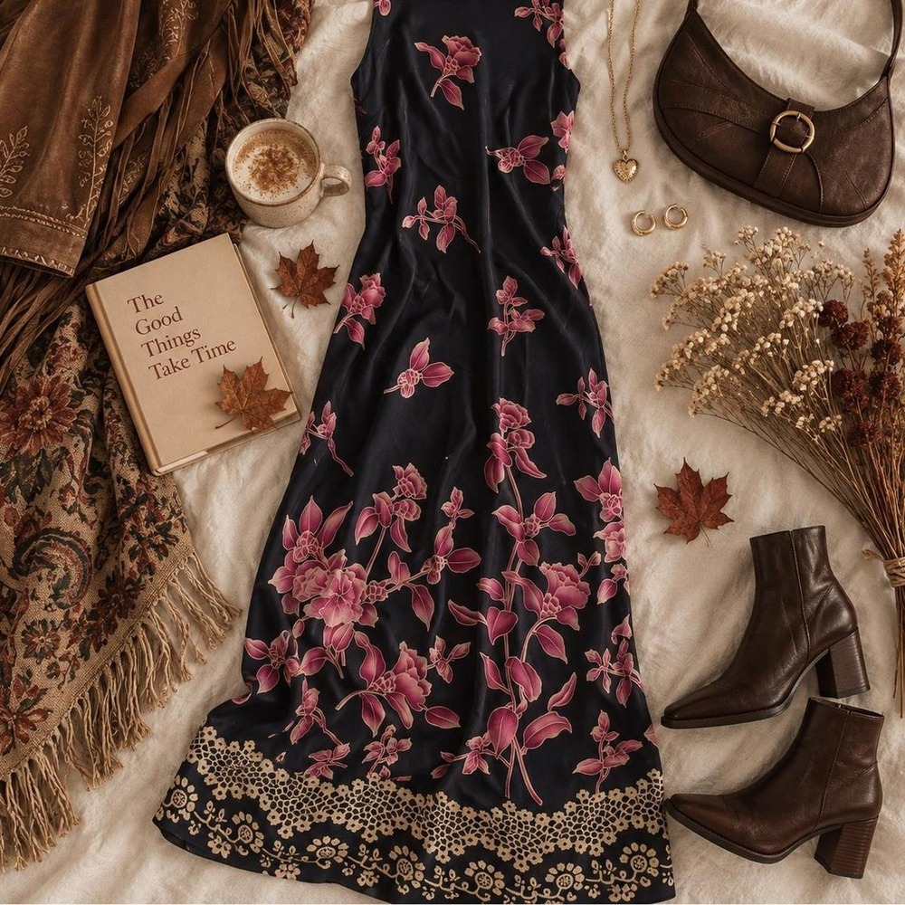 Floral Maxi Dress Black cottagecore vintage dress